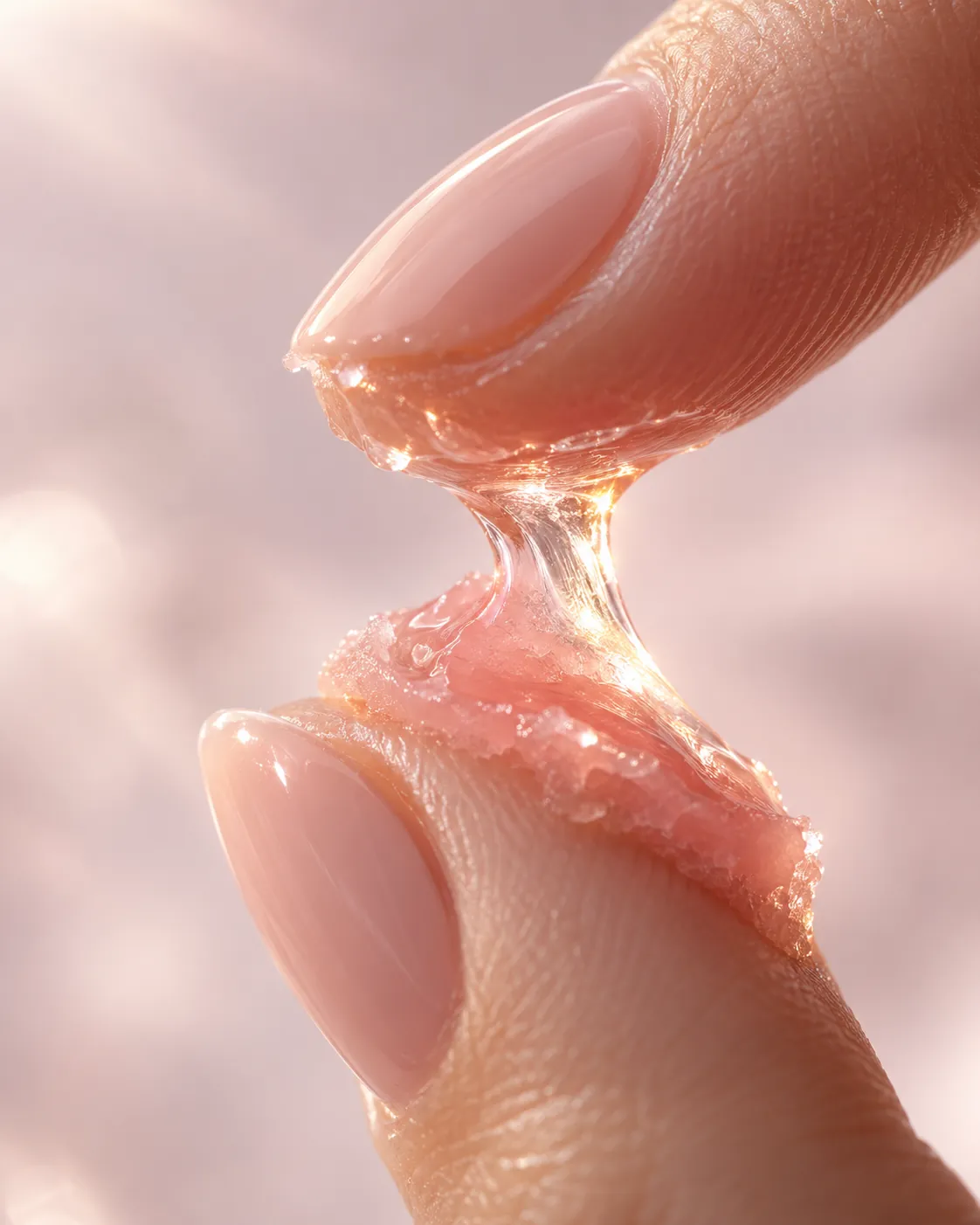Balm melting into oil between fingertips