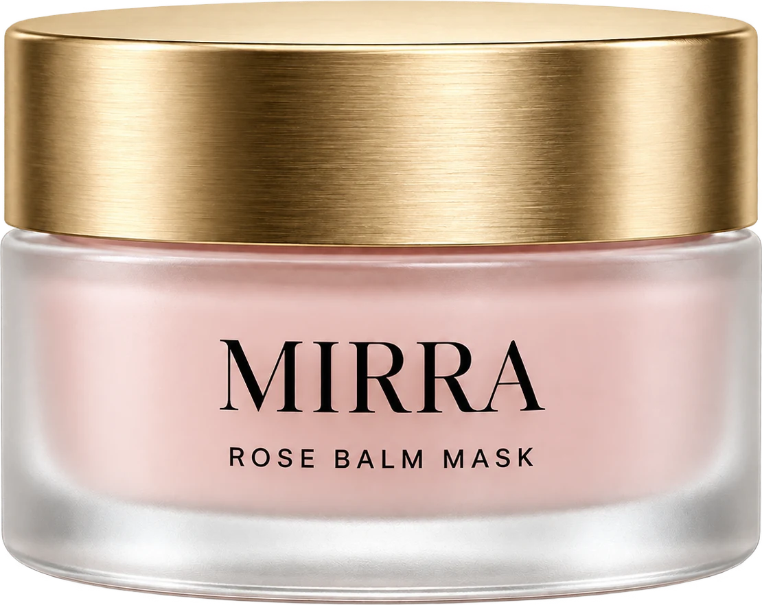 The Rose Balm Mask jar resting on a pink cloud