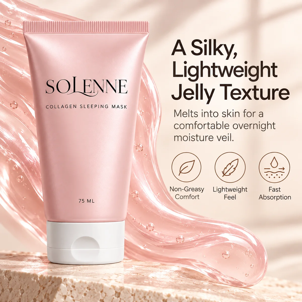 Tube beside a swirl of pink jelly: a silky, lightweight jelly texture that is non-greasy, lightweight and fast-absorbing.