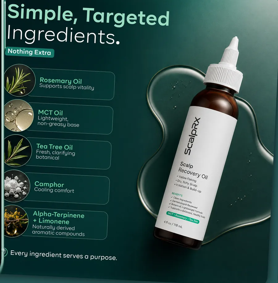 ScalpRx listing slide: five key ingredients, each with what it does