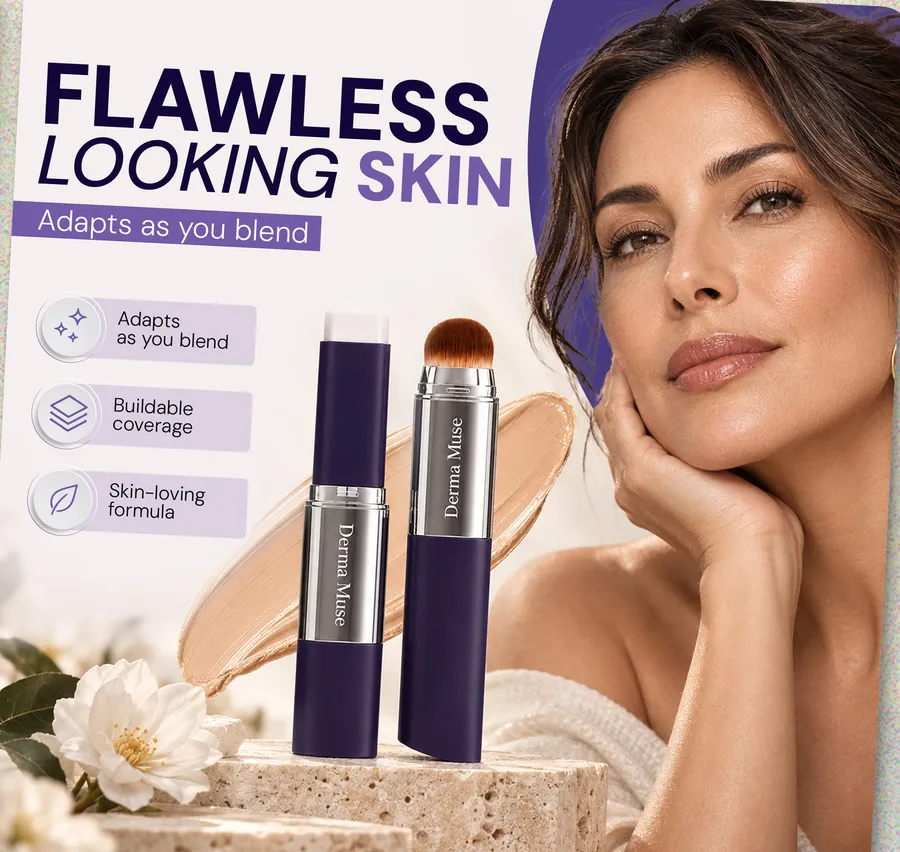 Derma Muse listing slide: Flawless looking skin, adapts as you blend, buildable coverage