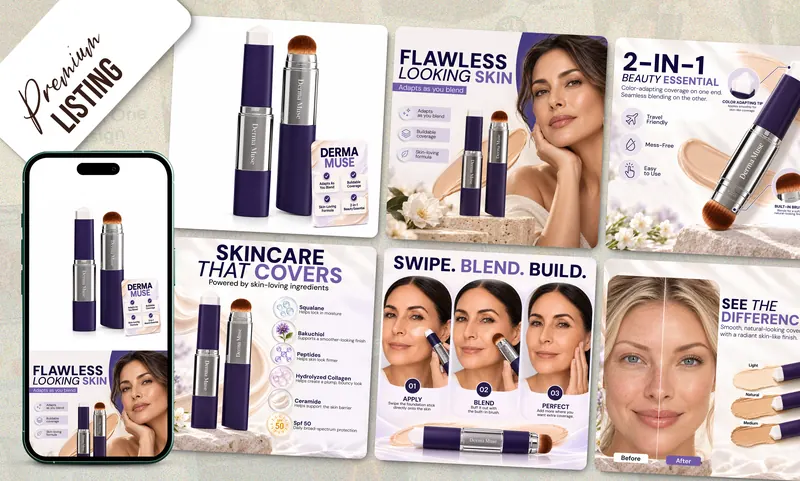 Derma Muse foundation stick Amazon listing with application steps and before-and-after