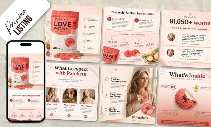 Patchets wellness patches Amazon listing with research-backed ingredients and reviews