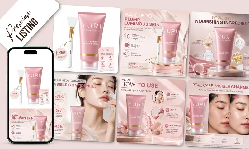 YURI collagen mask Amazon listing: main image, benefits, ingredients and how-to-use slides
